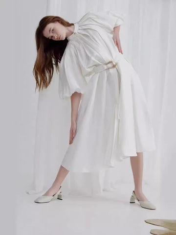 2024 New Collar Lantern Sleeve Single Buckle Belt To Collect Waist Long Dress Dress Woman